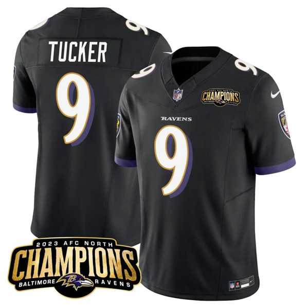 Men & Women & Youth Baltimore Ravens #9 Justin Tucker Black 2023 F.U.S.E. AFC North Champions Vapor Limited Jersey